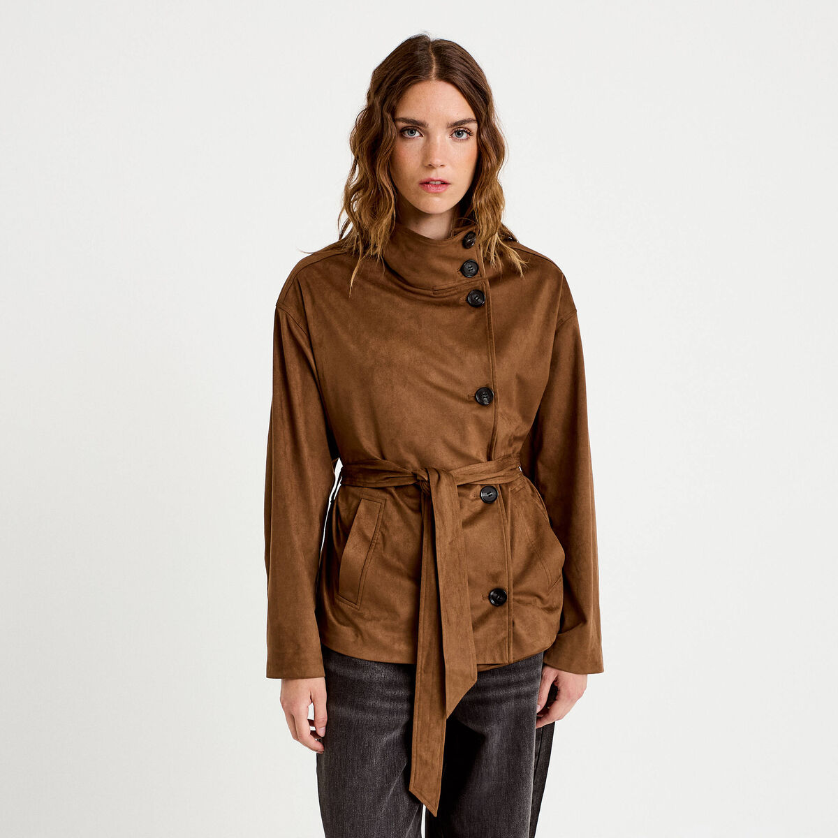 Caban droit col montant aspect daim marron femme