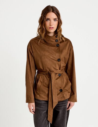 Caban droit col montant aspect daim marron femme