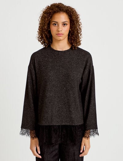 T-shirt manches longues avec dentelle gris fonc&eacute; femme