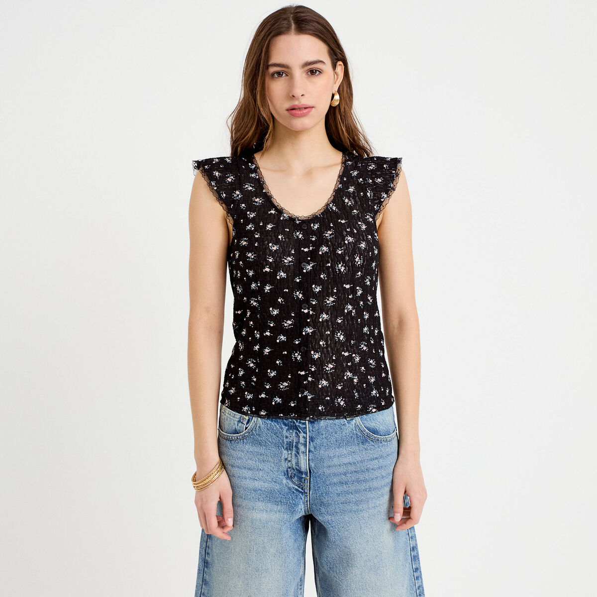Top boutonn&eacute; d&eacute;tails dentelle noir femme