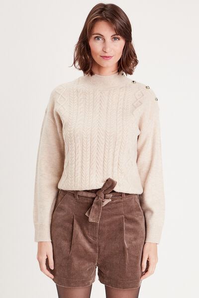 Pull col montant avec torsades sable femme