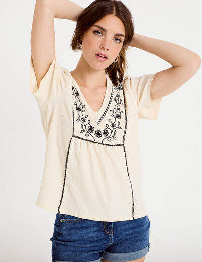 Blouse col v manches courtes ecru femme