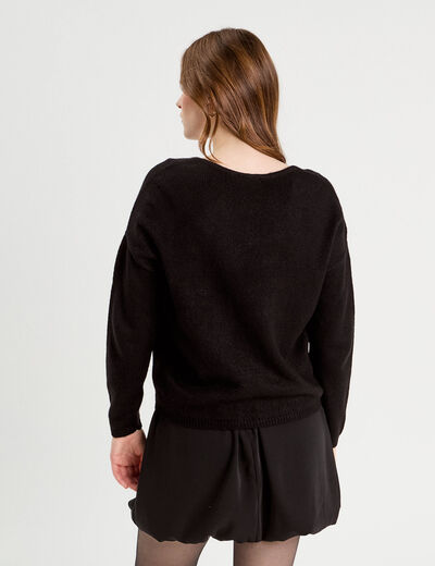 Pull manches longues col en V noir femme