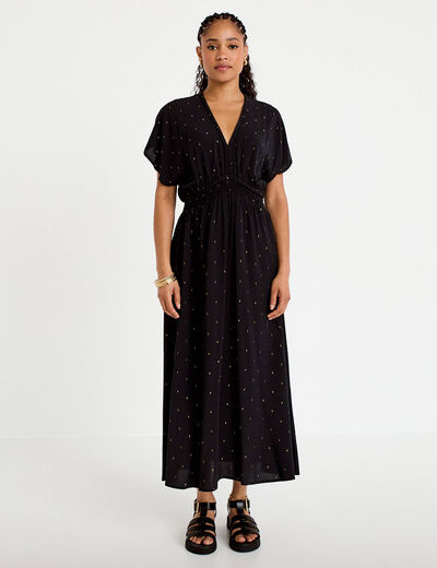 Robe &eacute;vas&eacute;e 3/4 col v manches courtes noir femme