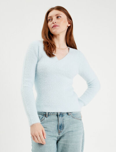 Pull manches longues col en V bleu pastel femme
