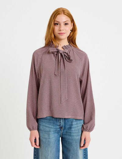 Blouse col montant manches longues rose femme