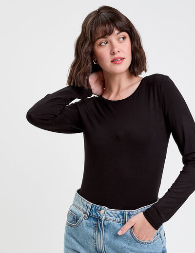 T-shirt uni à manches longues noir femme