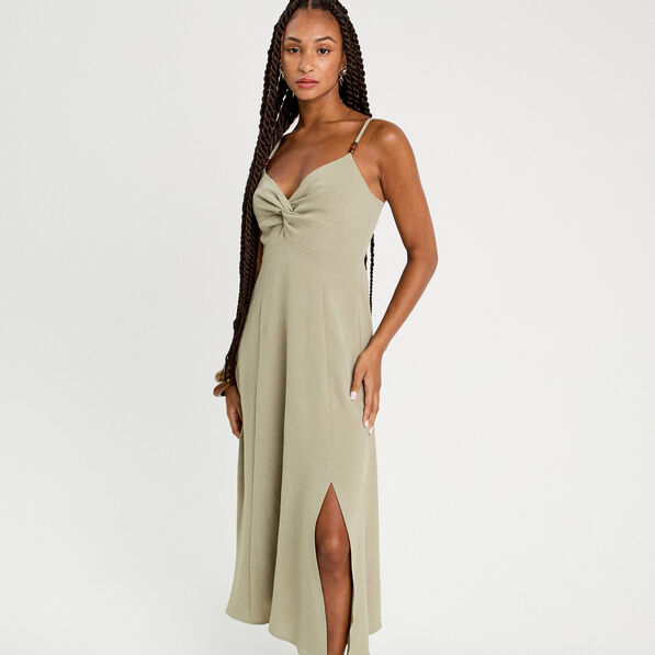 robe longue evasee fendue vert kaki femme Robe longue évasée fendue vert kaki femme