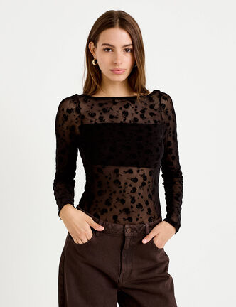 Body cintr&eacute; manches longues col bateau noir femme