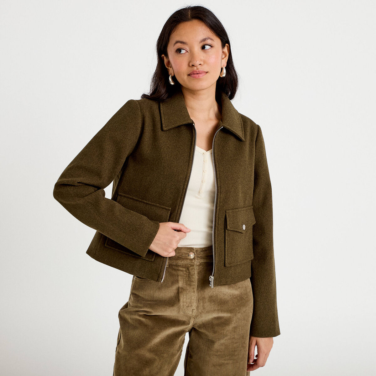 Veste zipp&eacute;e vert kaki femme