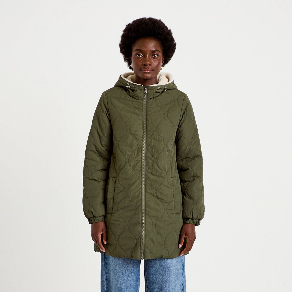 Parka r&eacute;versible effet polaire vert kaki femme