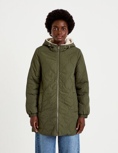Parka r&eacute;versible effet polaire vert kaki femme