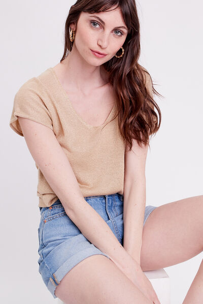 Pull col en V dos ouvert sable femme