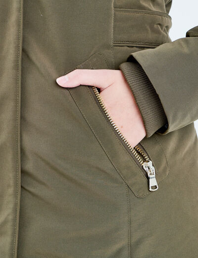 Parka droite avec capuche vert kaki femme