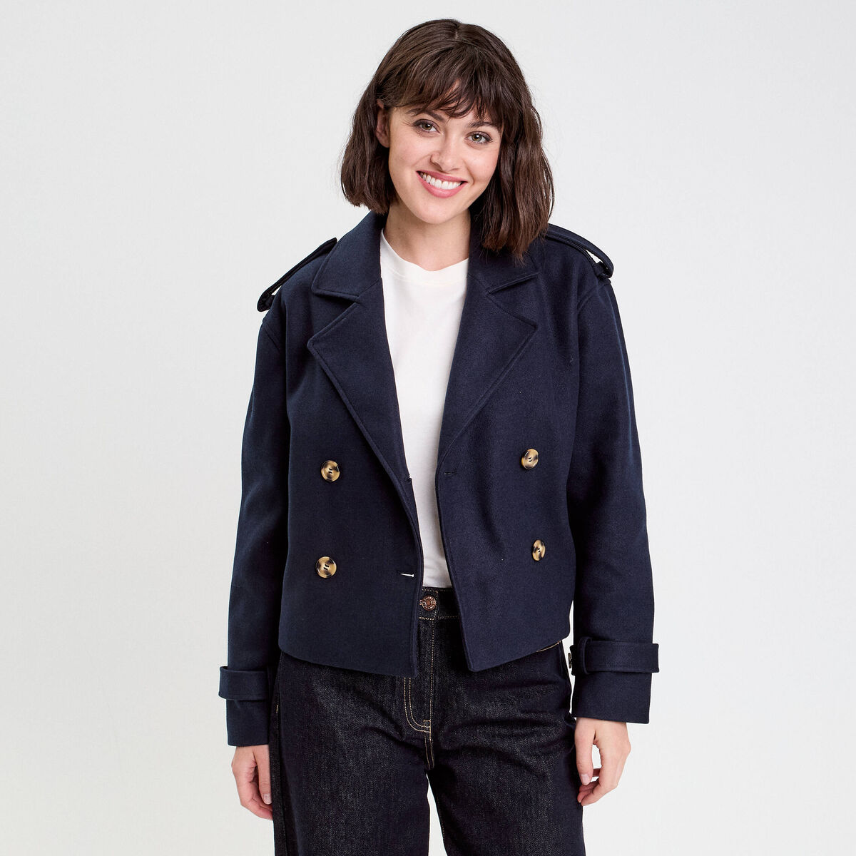 Trench court boutonn&eacute; bleu marine femme