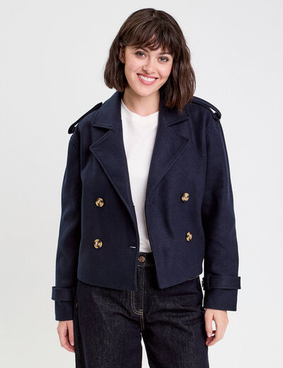 Trench court boutonné bleu marine femme