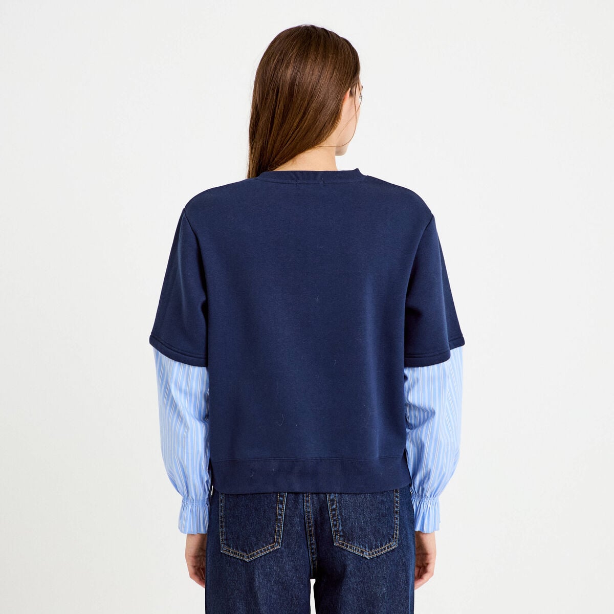 Sweat bi-mati&egrave;re manches longues bleu marine femme