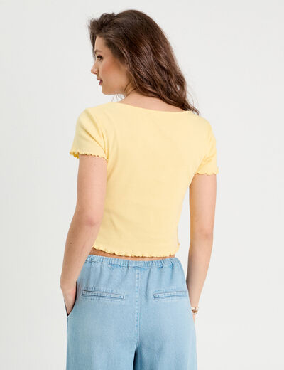 T-shirt côtelé manches courtes jaune clair femme