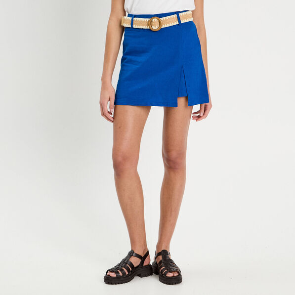 jupe short ceinturee contenant du lin bleu electrique femme Jupe-short ceinturée contenant du lin bleu electrique femme