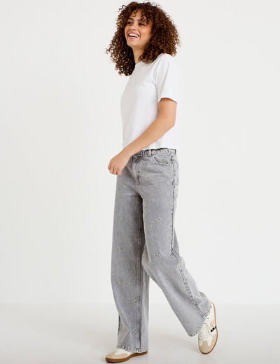 Jean wide leg broderie taille haute denim gris femme