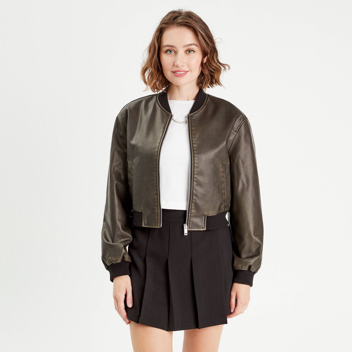Veste bomber simili cuir noir femme