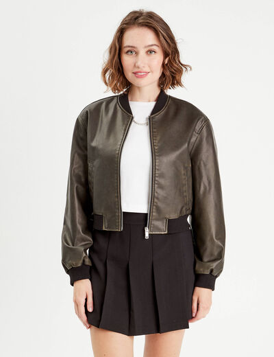 Veste bomber simili cuir noir femme