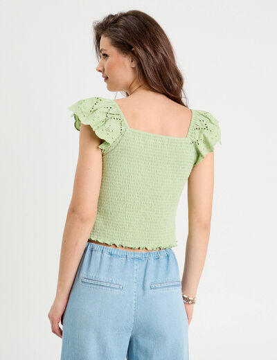 T-shirt smocké avec broderie vert clair femme