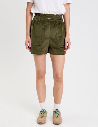 Short taille haute en velours vert kaki femme
