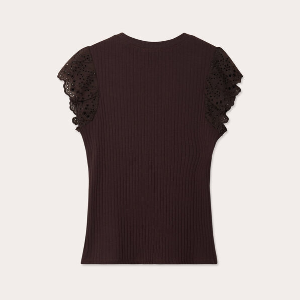 T-shirt manches courtes côtelé marron foncé femme