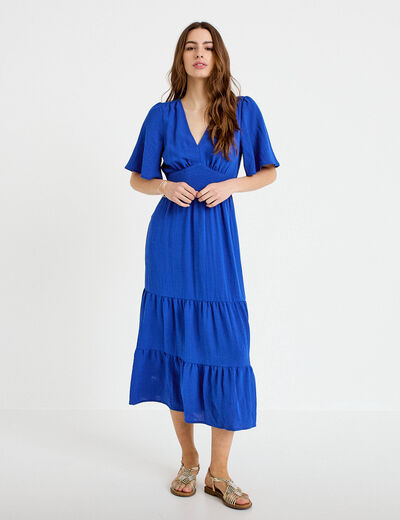 Robe &eacute;vas&eacute;e col v bleu electrique femme