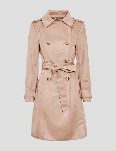 Trench long cintré suédine beige femme
