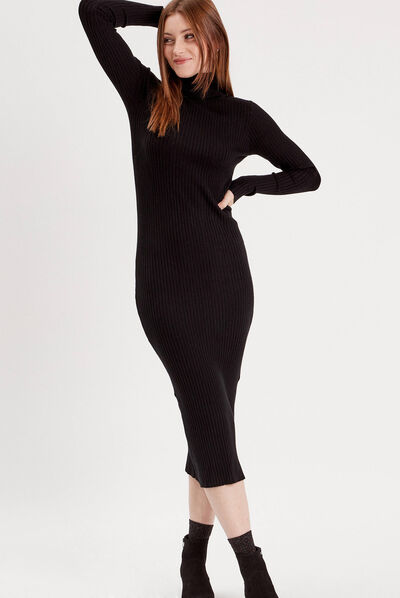 Robe pull longue moulante noir femme