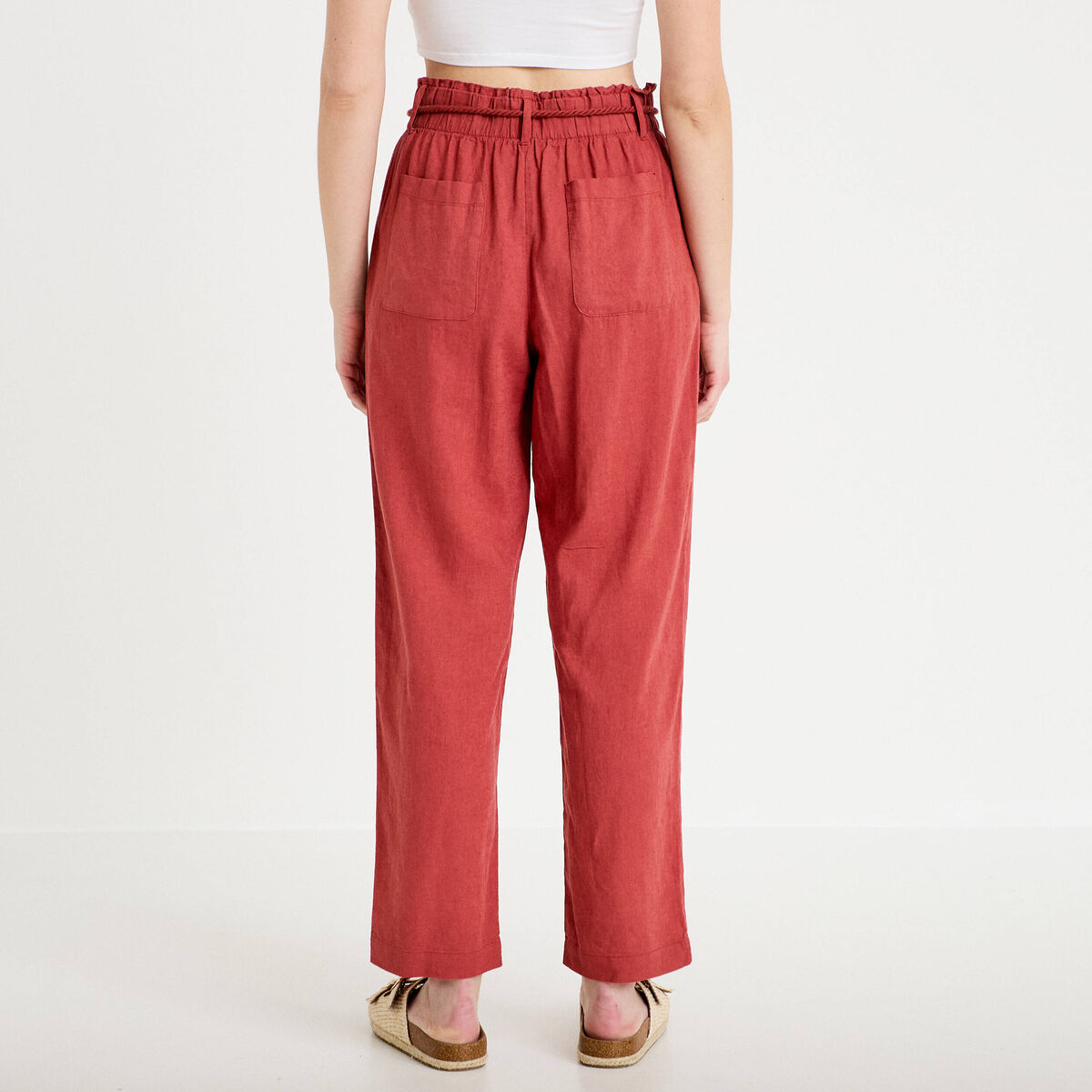 Pantalon droit 7/8&egrave;me taille haute vieux rose femme