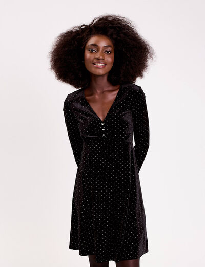 Robe patineuse courte velours col v noir femme