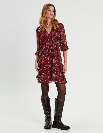 Robe évasée manches 3/4 bordeaux femme