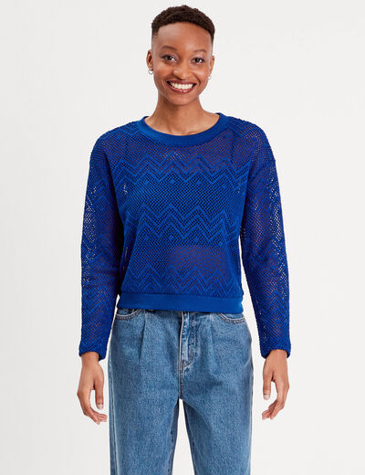 Sweat ajouré manches longues bleu electrique femme