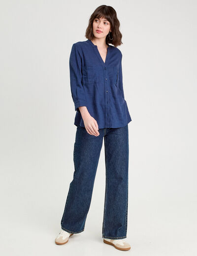 Chemise manches 3/4 contenant du lin bleu foncé femme