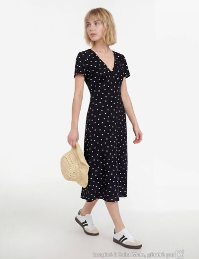 Robe longue &eacute;vas&eacute;e col v manches courtes noir femme