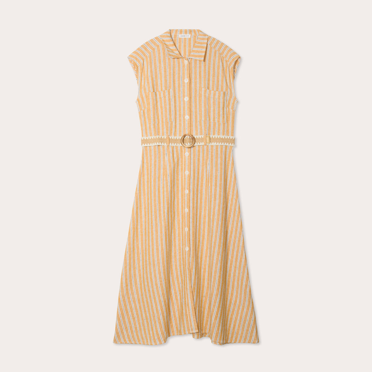 Robe chemise midi contenant du lin jaune femme