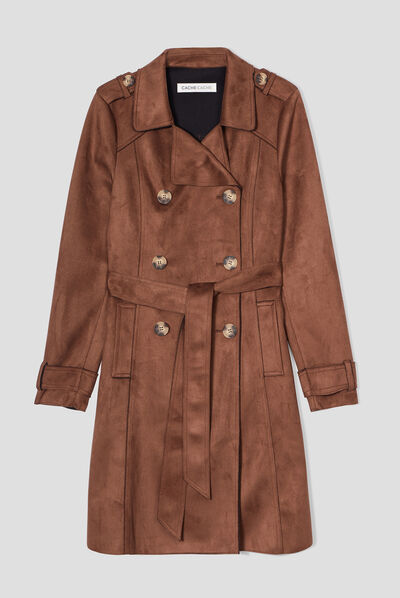 Trench long en suédine boutonné femme marron femme