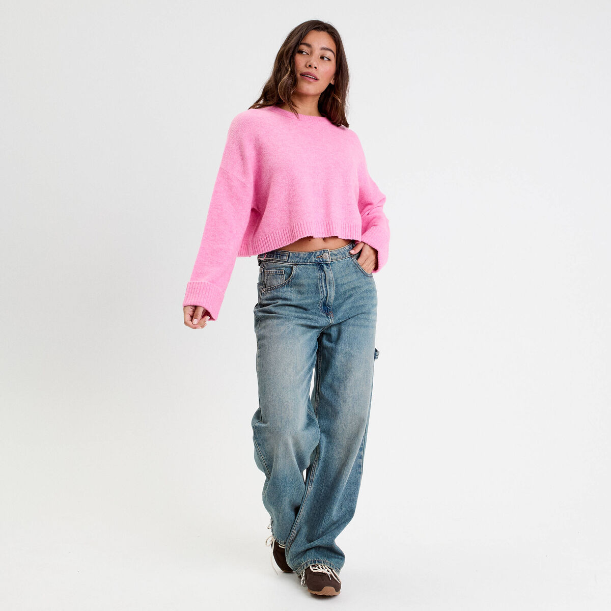 Pull cropped manches longues rose femme
