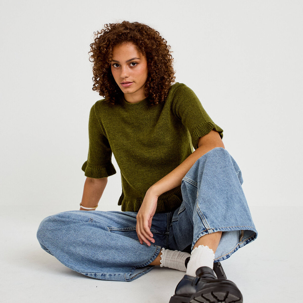 Pull col rond manches courtes vert fonc&eacute; femme