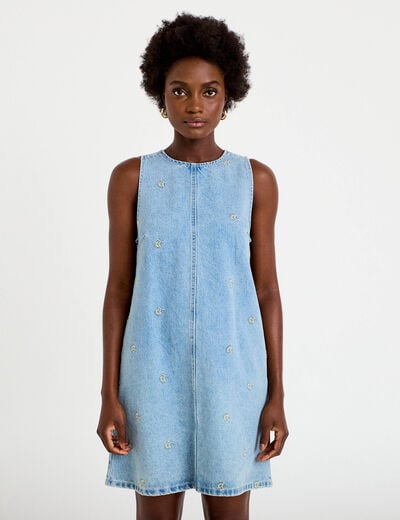 Robe courte droite en jean sans manches bleu femme