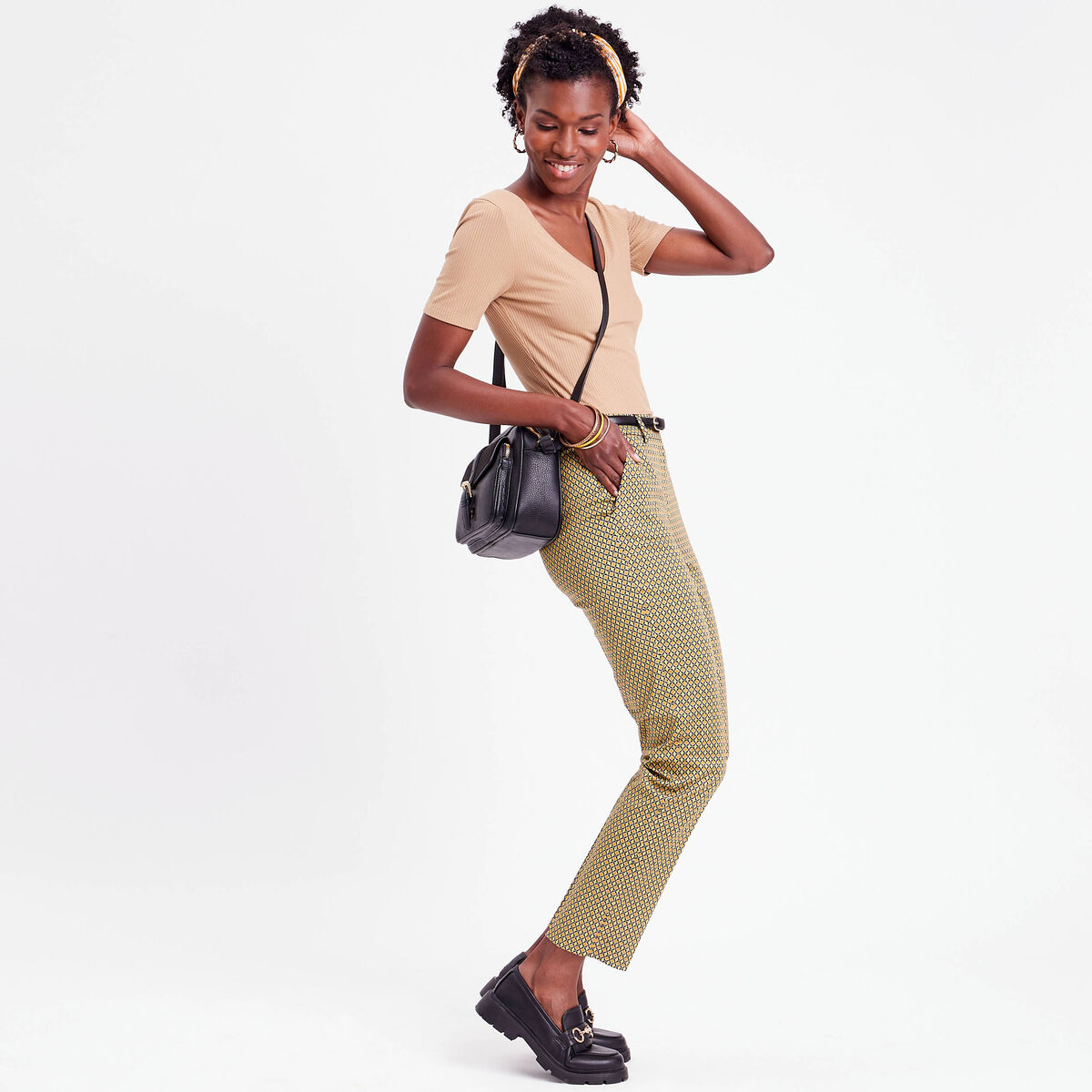 Pantalon city slim ceinturé blanc femme