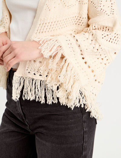 Gilet ajouré avec franges ecru femme