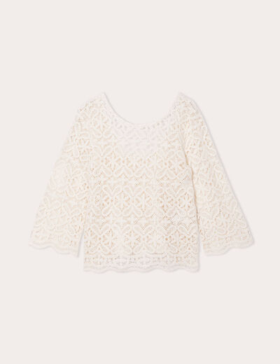 T-shirt manches 3/4 macramé ecru femme