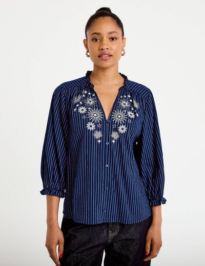 Blouse ample broderie manches 3/4 bleu femme