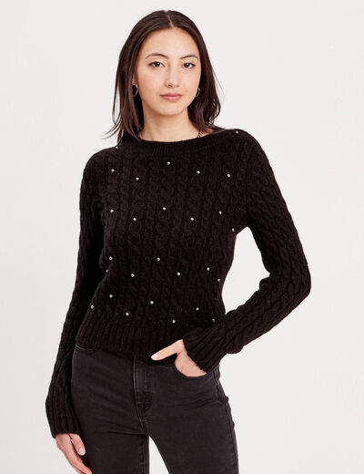 Pull avec torsades et perles noir femme