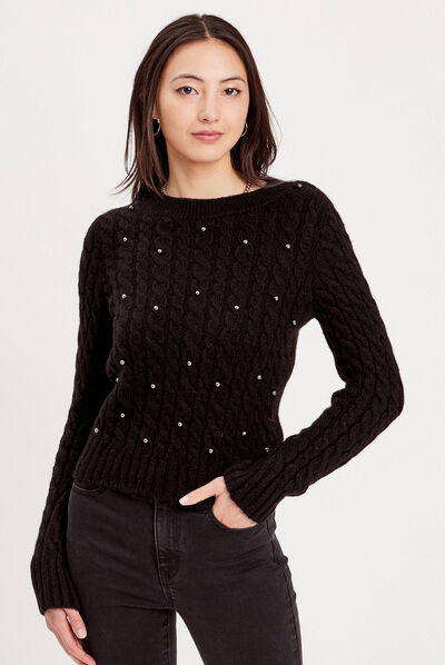 Pull avec torsades et perles noir femme
