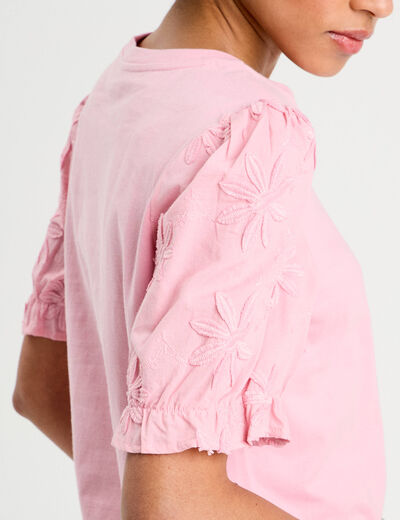 T-shirt manches brodées rose poudrée femme